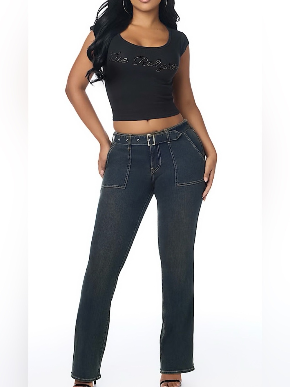 True Religion Becca Mid Rise Boot Cut Jeans with Front Patch Pockets